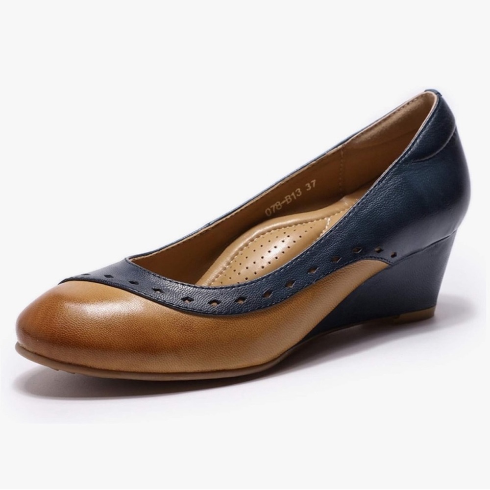 Mona Flying Leather Wedge Mid Heel Round Toe Classic